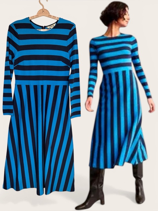 Boden Dresses & Skirts - Boden Blue Striped Jersey Midi Dress Sz 10R Fit Flare Classic Retro Chic EUC